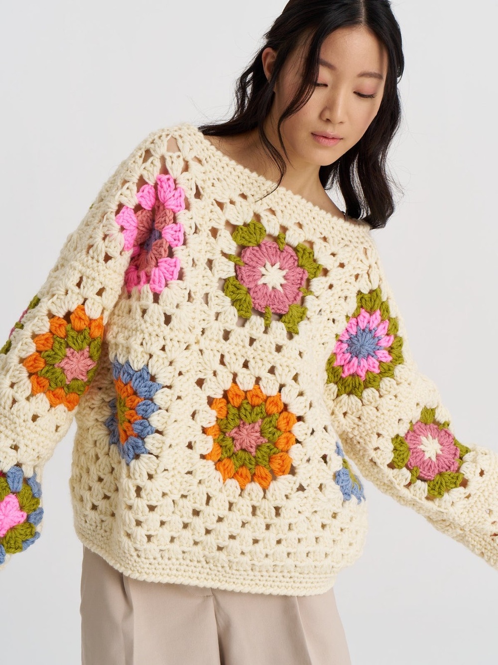 Free People Society Mano Beige Granny Square Pullover Sweater